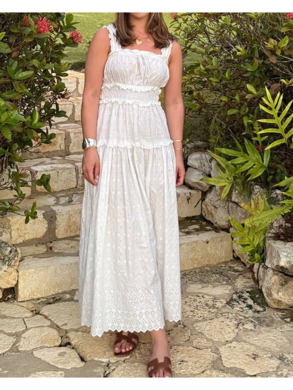 Gap X DOEN White Cotton Embroidered Eyelet Square Neck Midi Sun Dress Medium NWT